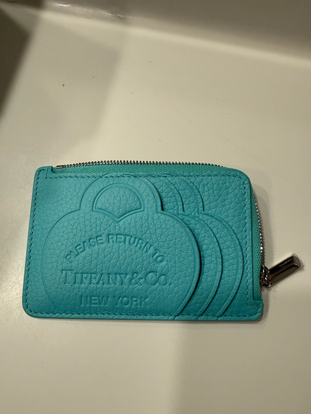 Tiffany & Co. Bright Turquoise Pebbled Leather Zip Card Pouch